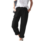 Linen Trousers Solid Color Elastic High Waist