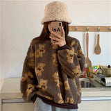 Tops Korean Winter Sweatshirts Lamb Hair Kawaii Cartoon Bear Print Long Sleeve O Neck Thick Warm Harajuku Hoodie Ladies