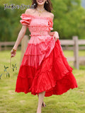 Casual Midi Dress For Women Slash Neck Short Sleeve High Waist Patchwork Colorblock Long Dresses Female Summer