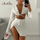 White Outfits Bandage Tie Front Top and Skirt Sets Women 2021 Fall Matching Set Split Skirt Club Party
