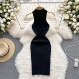 Backless Sexy Women Knitted Dress Summer 2022 Korean Style O Neck Slim Solid Sleeveless Ladies A Line Midi