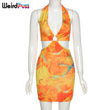 Puss Contrast Low-Neck Women Wild Matching Set Halter Bandage Crop Top And Skirts Summer Sexy Backless Streetwear