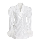 TWOTWINSTYLE Fashion Patchwork Feathers Dress For Women Lapel Long Sleeve High Waist Solid Mini Dresses Female Spring