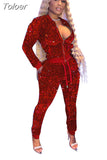 Glitter Sequin Velvet Sweatsuits for Women Winter Sports Two Piece Set Jacket and Pants Jogging Suits