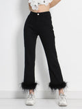 Black Patchwork Feathers Pants For Women High Waist Solid Minimalist Trousers Female Korean Fashion Clothing