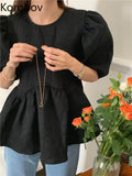 Korean Puff Sleeves Solid Color Folds Temperament Commute Loose Blouse O-Neck Casual Lace Womens Tops Camisas De
