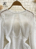 Sexy White Mesh Bodysuits Perspective Hollow Out Long Sleeves Jumpsuit Slim O Neck Blouse Transparent Plaid
