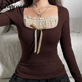 y2k Lace Bow Cute T Shirt Knitted Full Sleeve Square Collar Crop Top Cute Retro Brown Pullovers Women Korean Chic