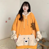 Deeptown Japan Kawaii Bear Hoodie Women Patchwork Oversized Autumn 2021 Fashion Long Sleeve Sweatshirt Yellow Cute Tops