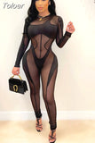 Black Nightclub Jumpsuit Sheer Mesh Patchwork Long Sleeve One Piece Outfit Transparent Sexy Outfits for Woman