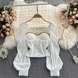 Autumn Women Black/White Blouse Sexy Square Collar Lantern Long Sleeve Short Tops Female Elegant Party Shirt Blusas 2022