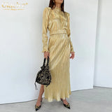 Fashion Gold Pleated Women'S Dresses Elegant Stand Collar Long Sleeve Ankle-Length Dress Casual High Waist Party