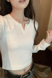 White Long-Sleeved T-Shirt For Women With Autumn And Winter Spicy Girls Short Style Slim V-Collar Bottomed Blouse-Outfit