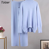 Turtleneck Sweater 2 Piece Set Winter Knitted Long Sleeve Casual Office Stretch Outfit Women Drawstring Wide Pant Suit