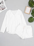 Solid Pocket Cotton Women 2 Piece Set V-Neck Long Sleeve Shirt And Drawstring Wide Leg Shorts White Two Peice