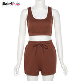 Puss 2 Piece Sets Women Casual Cotton Tracksuit Fitness Tank Top Drawstring Shorts Activity Stretchy Summer Street