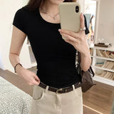 Sexy U-Collar Shoulder Short-Sleeved T-Shirt Girls 2024 Summer New Spicy Girls Wear Slim European Blouses-Outfit