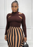 Hollow Out Tight Top and Stripes Fringe Long Skirt