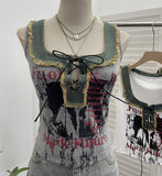 Shooting Hottie Hairy Denim Spliced Printed Vest With Bows Short Sleeveless Top