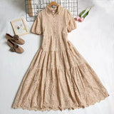 VAREY LIN New Summer Women Casual High Waist Single Breasted Vintage Dress Sweet Turn-down Collar Hollow Out Embroidery