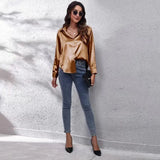 New Loose Long-Sleeved Blouse Simple V-Neck Cardigan Shirt Button Blouse Solid Color-Outfit