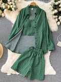 Women 3 Pieces Set Houndstooth Plain Green/Black/Orange Turn-Down Collar Single Breasted Blouse + Strap Camis + Shorts Suits