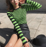 Korean Vintage Striped Patchwork Green Sweaters Autumn Slim O Neck Long Sleeve Sueter Mujer Knitted Jumper Tops