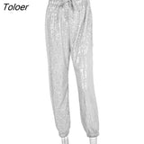Sequin Sequin Drawstring Casual Pants 2023 Fashion New High Waist Ladies Lace-up