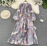 Quality Light Extravagant Lantern Long Sleeved Round Collar Waist Slim Single Breasted Printed Dress Elegant Long Skirt-Outfit