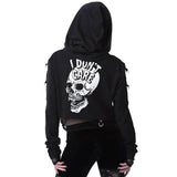 InsGoth Women Gothic Cropped Hoodies Sweatshirts Skull Printed Black Loose Short Hoodies Mesh Patchwork Female Streetwear