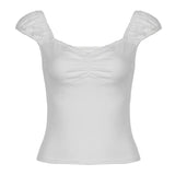 Girl Wrinkled Waist Show Thin Lace Collar T-Shirt Summer All-Color Simple Knitted Short-Sleeved Blouse-Outfit