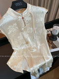 New Chinese Style Light Style Blouse Women's Summer Short Style Slim High Feel Plate Button Thin Satin Broken Flower Shirt-Outfit