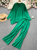 Winter Loose Irregular Knitted Two Pieces Suits V Neck Knitwear+Wide Leg Long Pant Women Streetwear Solid Sweater