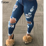 Vintage High Waist Ripped Jeans Pant for Women Tassel Hole Pencil Pants Blue Streetwear Ladies