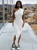 Summer Sleeveless White Casual Party Maxi Dresses For Women 2022 One Shoulder Ruched Side Split Red Black Bodycon