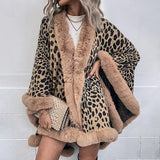 Women Coats & Jackets for Winter Leopard Color Faux Fur Collar Thick Warm Knitted Capes & Ponchos Autumn Outwear