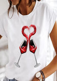 White Casual O-Neck Short Sleeves Print