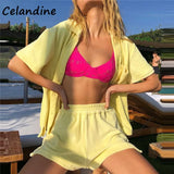 Casual Tracksuit Women Summer 2021 Two Piece Shorts Set Yellow Shirt Tops And Mini Loose Shorts Suit Fashion Lounge