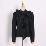 Patchwork Bow Denim Women's Jacket Stand Collar Long Sleeve Vintage Ruched Jackets For Female 2022 Fashion