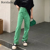 2021 Woman Straight Long Green Jeans High Waist Overlength Jeans Cotton Denim Pants Female Widel-leg Floor