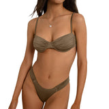 Women Swim Bikini Suit, Solid Color Pleated Sleeveless Bra+ Shorts Briefs Swimwear Swimsuit-Outfit