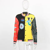 Fall Winter Print Patchwork Yellow Jackets For Women 2023 Long Sleeve Varsity Jacket Buttons Loose Baseball Jacket