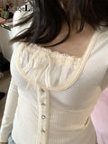 2022 Y2K Clothes Knitted Lace T Shirts Kawaii Square Neck Crop Top Bow Cute Retro Pullovers Harajuku Korean Tee