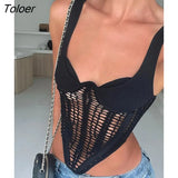 Fishbone Waist Crocheted Knitted Crop Tops Women Vest Tee 2022 Summer Sexy Sleeveless Hollow Out Y2K Tops Corset
