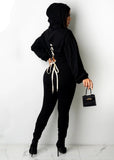 Casual Long Sleeve Hood Laced Up Crop Top And Pant