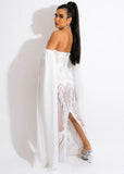 White Sweet Off-the-shoulder Cape Sleeve Solid Mesh Sequined SkinnyTwo Piece Skirt