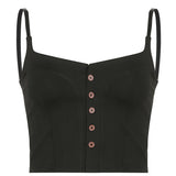 Y2K Button Corset Top Patched Spaghetti Strap Crop Top Retro Black Basic Casual Mini Vest Women Summer Harajuku