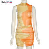 Puss Cyber Y2K Mesh Sexy Women Party Dress Fashion Patchwork Bodycon Skinny Sleeveless Side Drawstring Lace Up