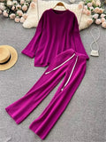 Casual Winter Loose Sweater Sets O Neck Tops+Drawstring Wide Leg Long Pants 2022 Women OL Solid Knit Two Pieces