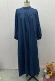 Round-Neck Solid-Colored Casual Long-Sleeved Denim Dress In Fall